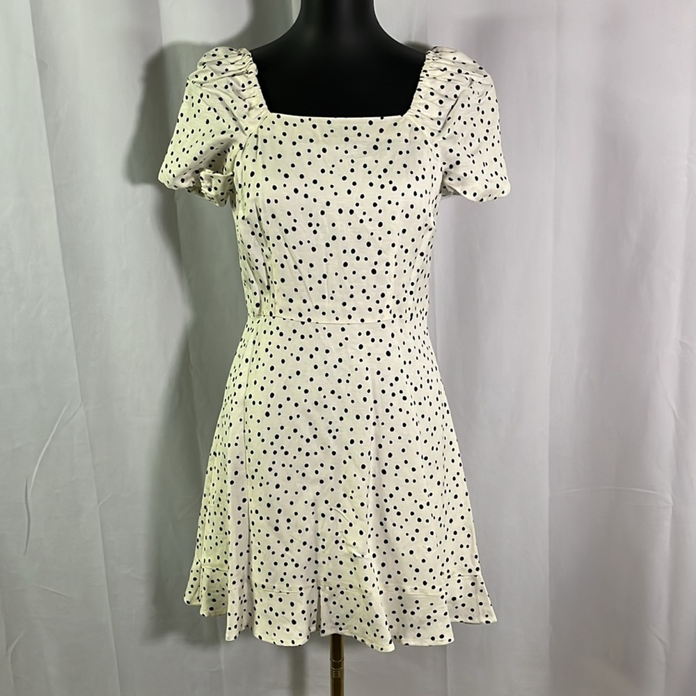 NWT LOFT Ivory & Black Polka Dot Linen Puff Sleeve Cut Out Bow Back Mini Dress